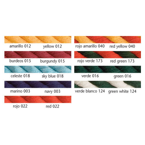 Amostras de fios coloridos com etiquetas em espanhol e inglês mostrando diferentes cores.