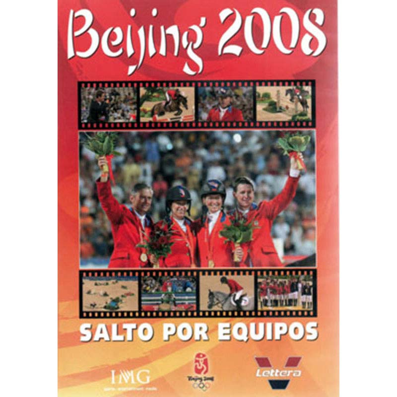 Pôster de equipa de salto por equipas Beijing 2008 com atletas a segurar troféus e imagens da competição equestre