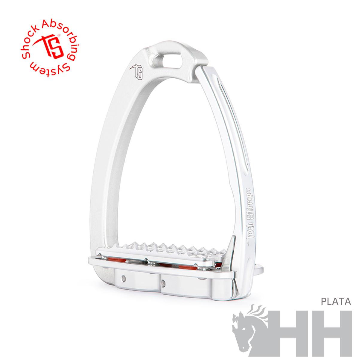 Estribo metálico cromado com textura antiderrapante e texto vermelho 'Shock Absorbing System'