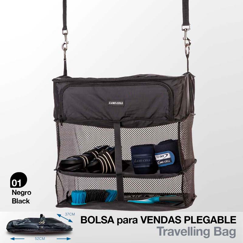Bolsa preta dobrável para vendas com compartimentos e alças, mostrando texto LAMI-CELL