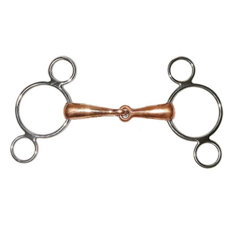 Peça de equipamento equestre metálica com argolas prateadas e parte central em cobre