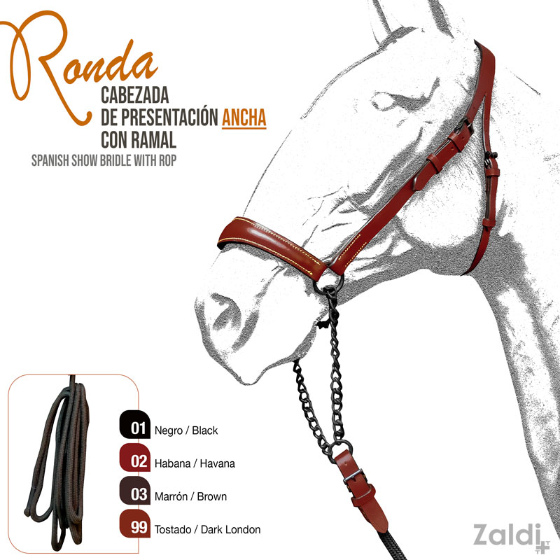 Cabresto de couro largo com ramal metálico, disponível em cores preto, hábana, castanho e tostado, mostrado em cavalo desenhado.