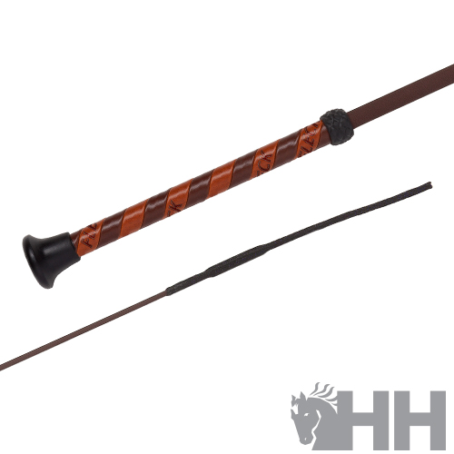 punho de rédea castanha com padrão entrelaçado e acabamento preto com logotipo HH cinzento no fundo branco