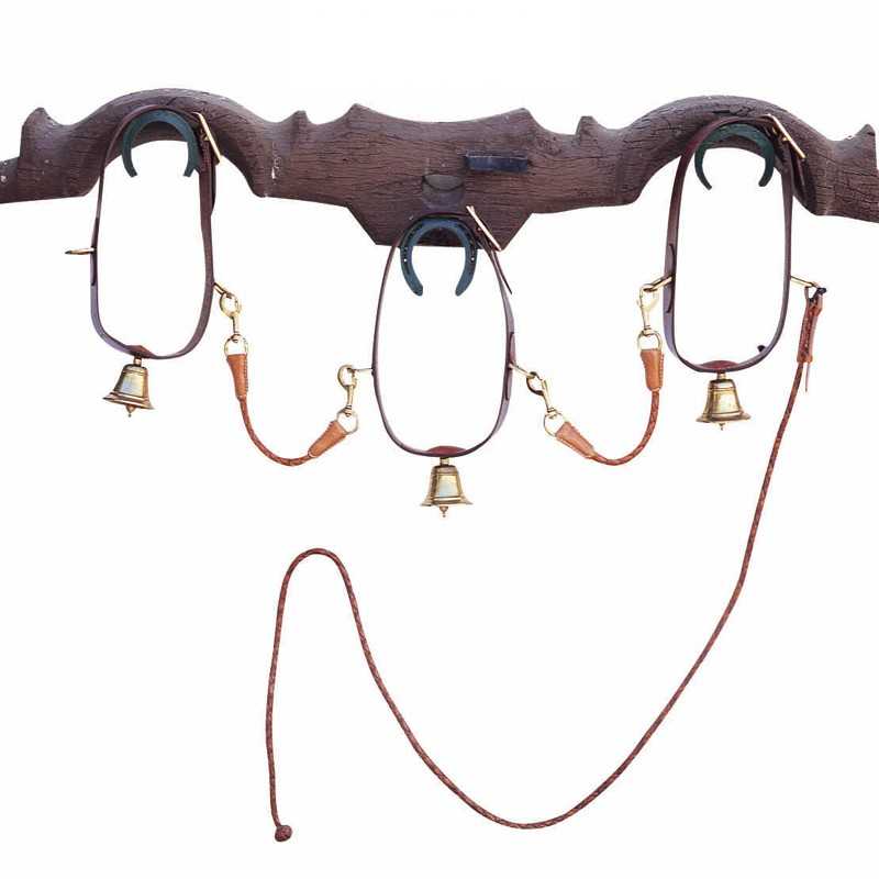 Três colares de couro castanho com campainhas douradas pendurados em ganchos numa peça de madeira
