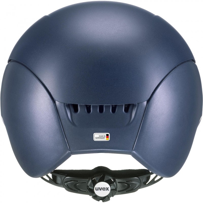 Capacete azul escuro com ajuste preto e etiqueta MADE IN GERMANY