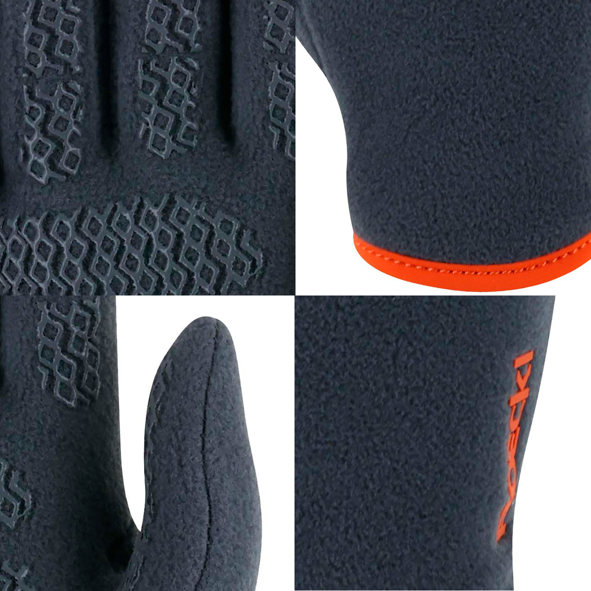 Luvas desportivas cinzento escuro com detalhes antiderrapantes e acabamento laranja