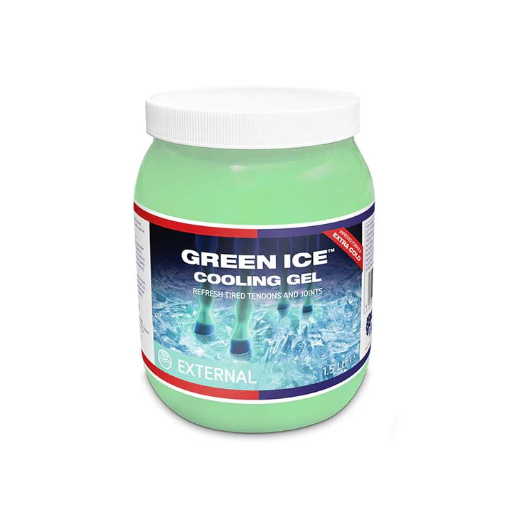 pote de gel refrescante GREEN ICE COOLING GEL com tampa branca e rótulo azul e vermelho