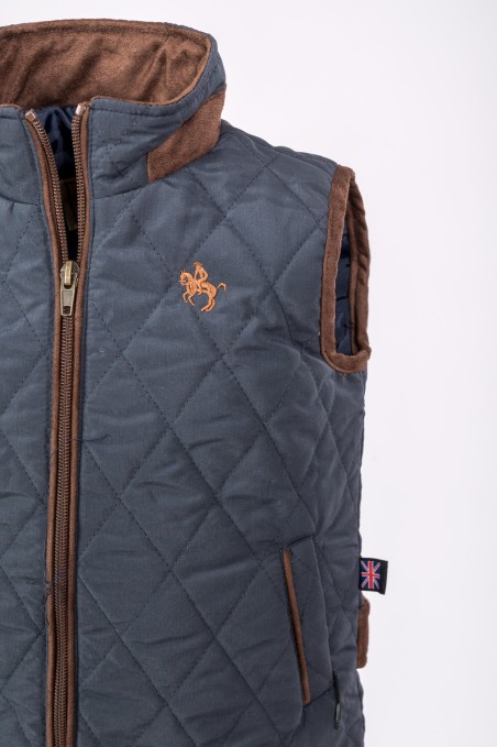 Colete acolchoado cinzento com detalhes castanhos e bordado de polvo