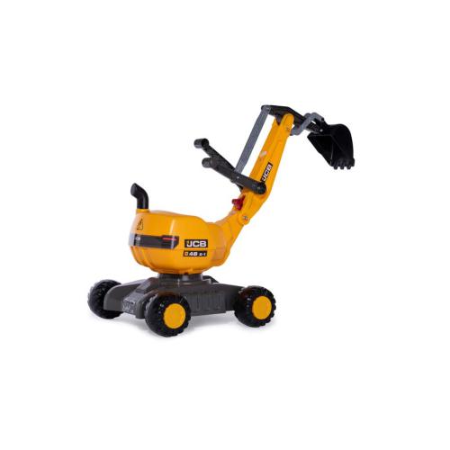 Miniatura de retroescavadora amarela e preta JCB em fundo branco