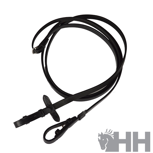 Rédea preta de couro com fivela e mosquetão em fundo branco com logótipo HH