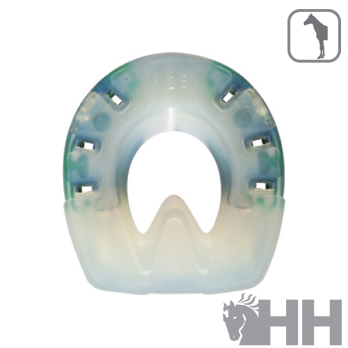 Ferradura plástica translúcida azul e branca com pinos metálicos e logotipo HH