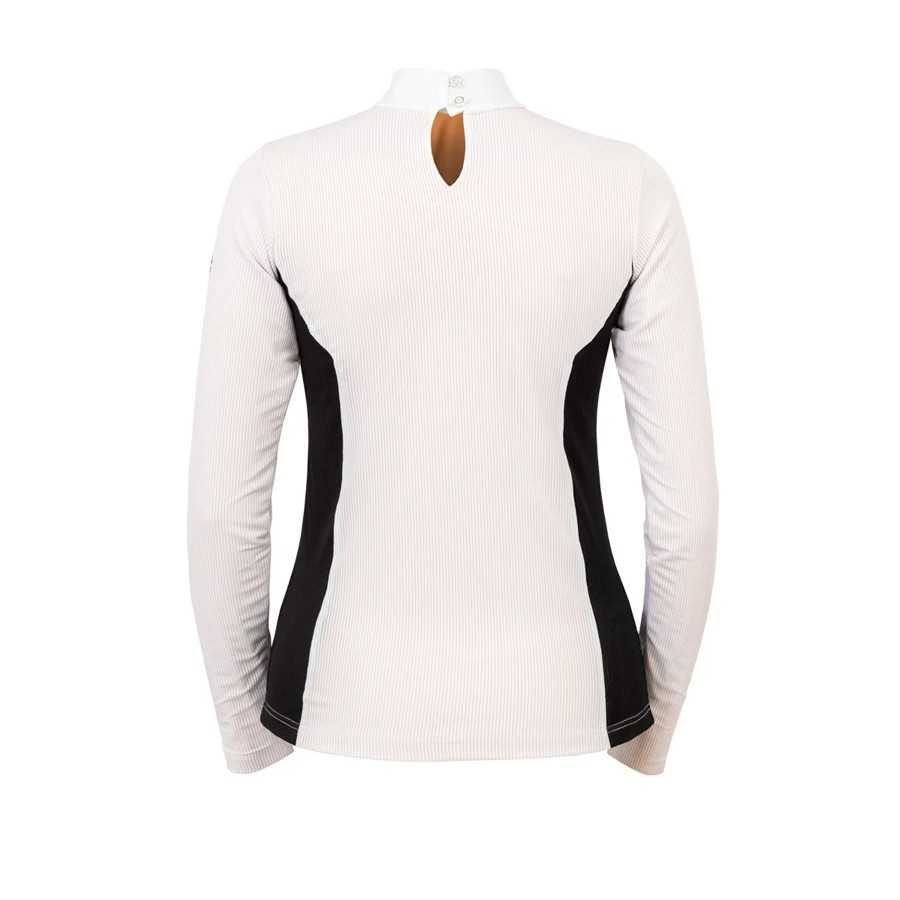 Camisola feminina branca e preta de manga comprida vista pelas costas