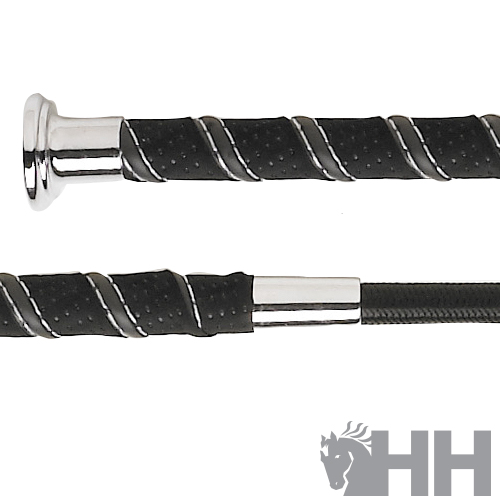 Chicote preto com detalhes metálicos e padrão espiralado branco