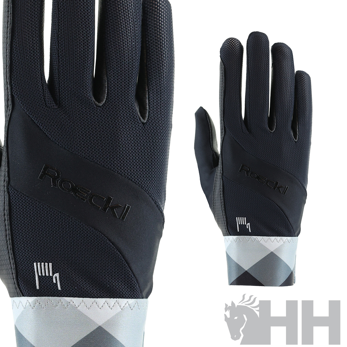 Par de luvas pretas com punhos em padrão xadrez cinza e branco