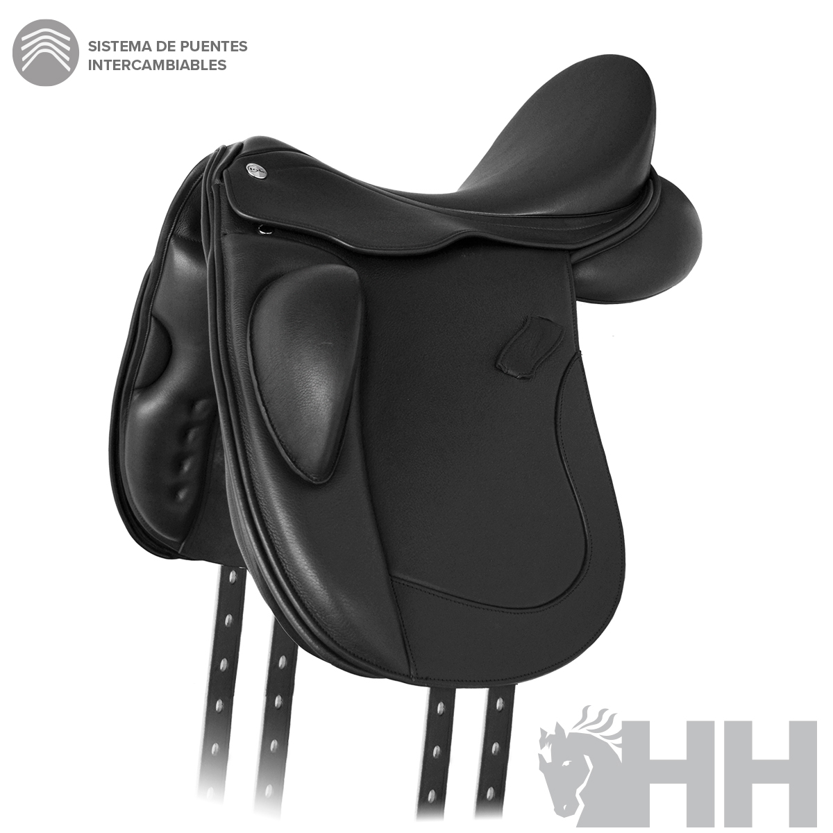 Sela de equitação preta com textura lisa e almofadada