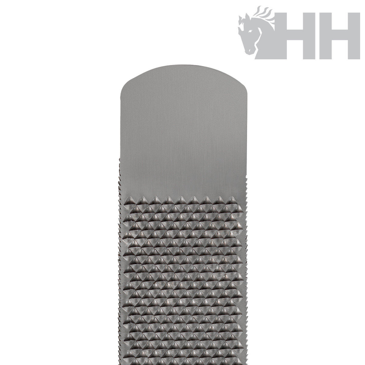 Raspa metálica cinzenta com textura triangular e logo HH cinzento