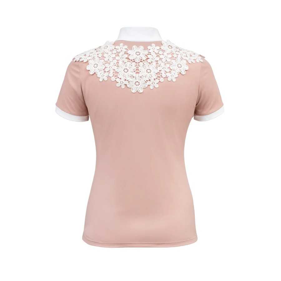 T-shirt rosa claro com renda branca floral nas costas