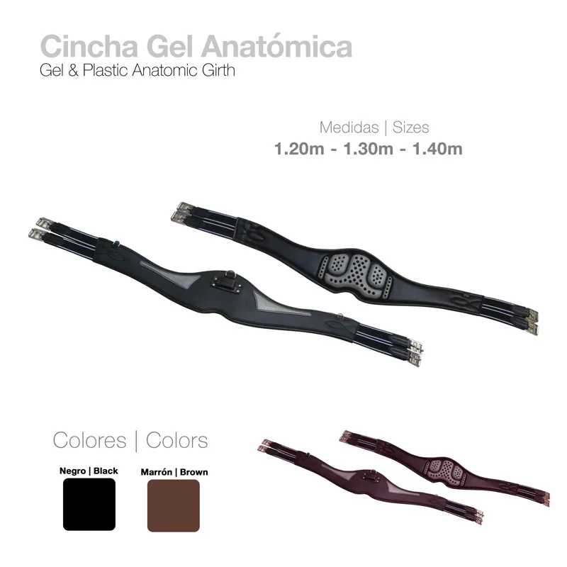 Cinchas anatómicas em gel, nas cores preto e castanho, com medidas e descrições de cores