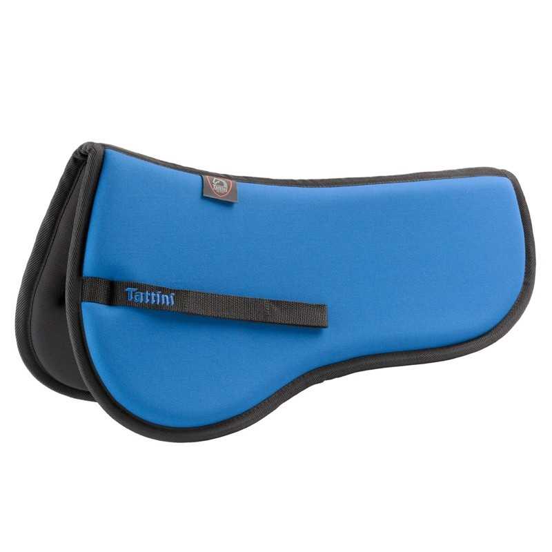 Protector de sela azul com bordas pretas e tira preta com texto