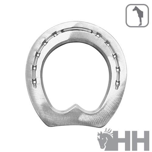 Ferradura metálica prateada com nove furos para pregos