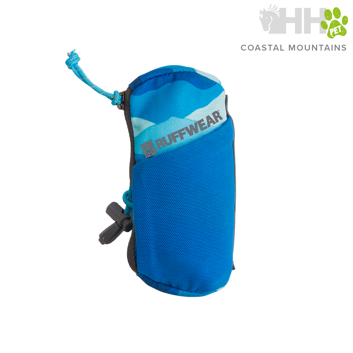 Bolsa azul texturizada com cordão e clip preto com etiqueta RUFFWEAR