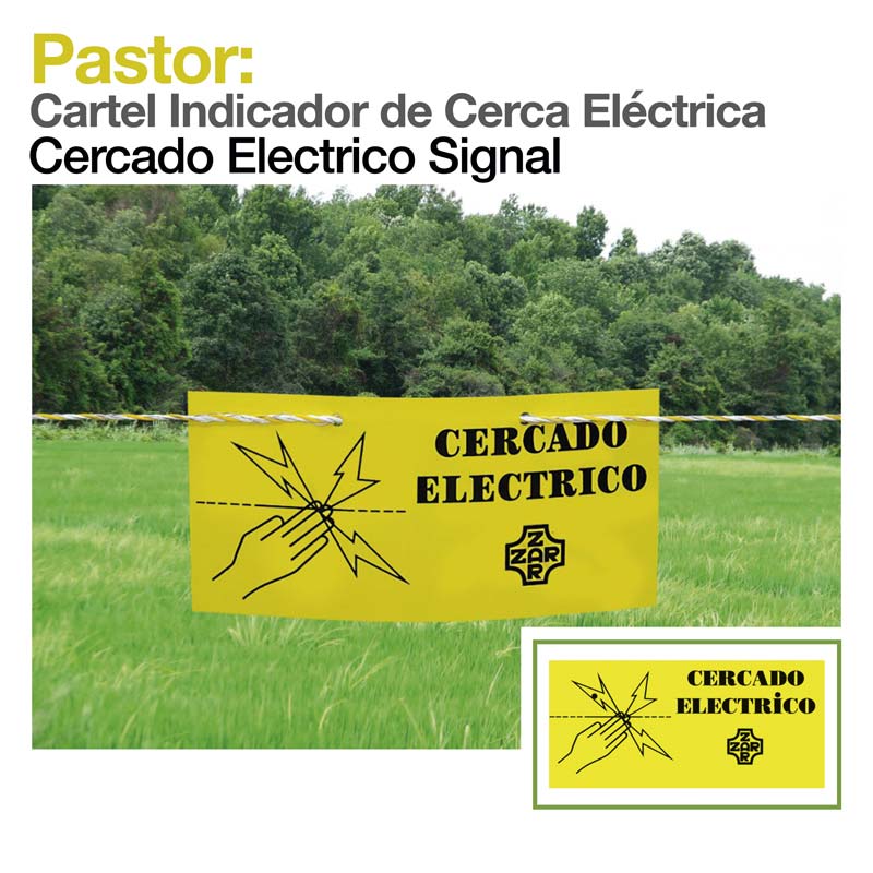 Cartaz amarelo de cerca elétrica com texto e símbolo pendurado numa cerca num campo verde
