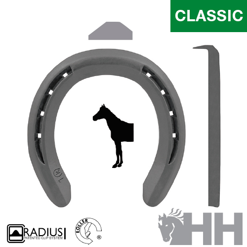 Ferradura metálica cinzenta Classic com logótipos e ícone de cavalo