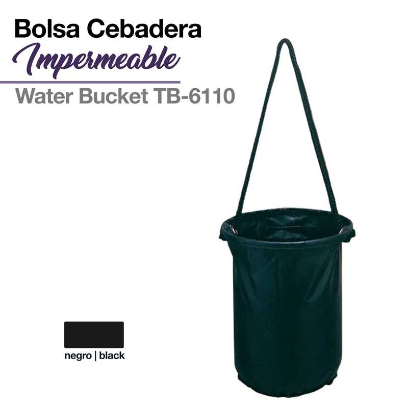 Bolsa cebadera impermeável preta com alça longa e texto promocional