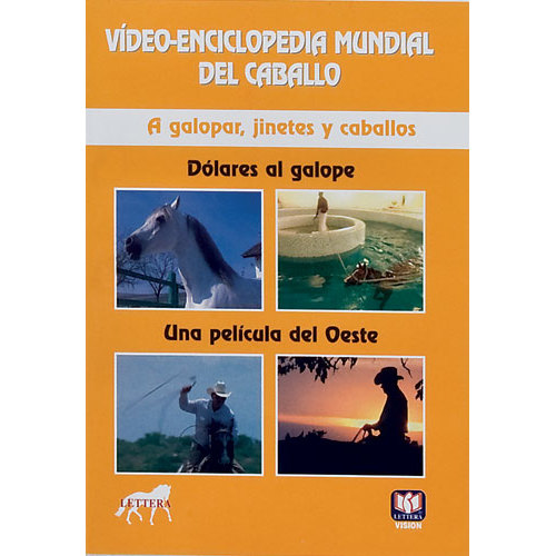 Capa amarela com imagens de cavalos e texto em espanhol sobre vídeo enciclopédia do cavalo