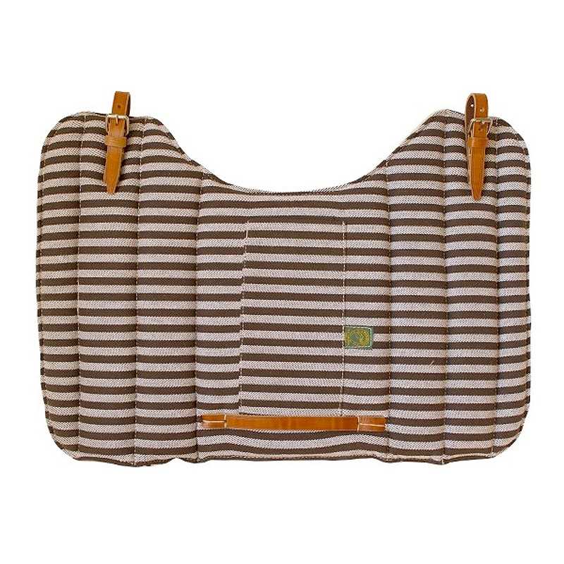 Almofada para sela riscada castanho e branco com detalhes em couro