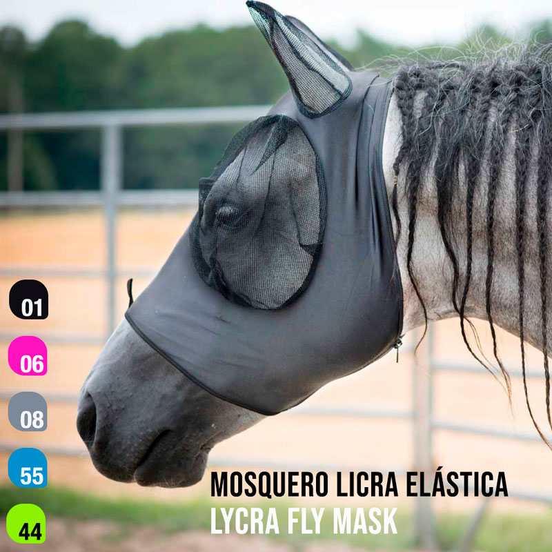Máscara preta de lycra para cavalo com tecido em rede nas orelhas e olhos.