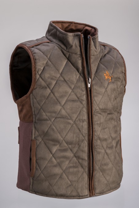Colete acolchoado cinza e castanho com zíper e bordado de cavalo