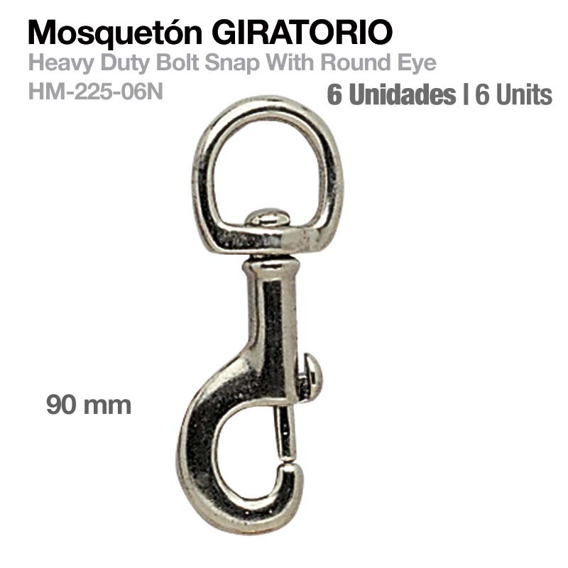Mosquetão giratório metálico prateado 90 mm com texto explicativo
