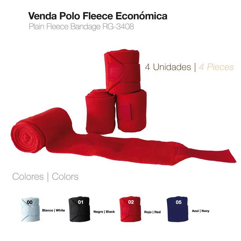 Vendas de tecido fleece em várias cores com fecho em velcro, mostrando branco, preto, vermelho e azul marinho.
