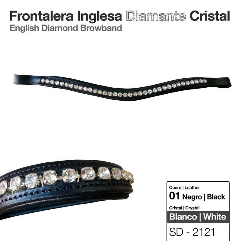 Frontal para cavalo inglesa em couro preto com cristais brancos em diamante.