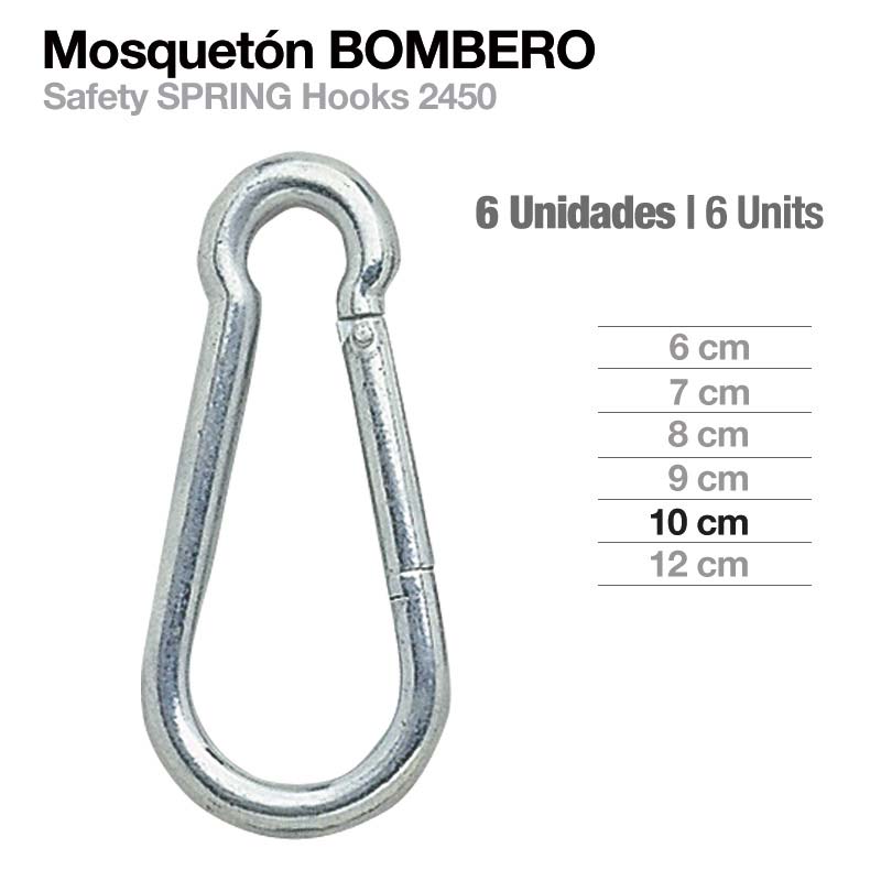 Mosquetão metálico prateado com mola, tamanho 10 cm em conjunto de 6 unidades