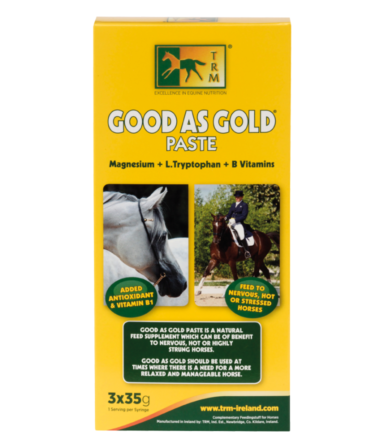 Embalagem amarela do suplemento alimentar para cavalos GOOD AS GOLD PASTE com imagens de cavalos e texto informativo