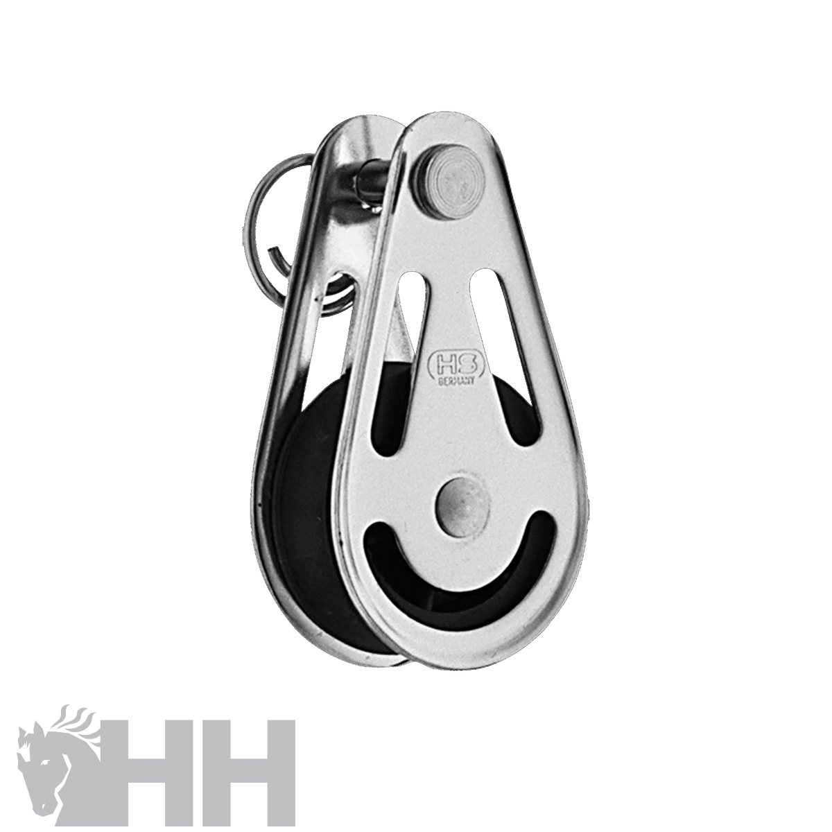 Polia metálica prateada com roda preta e inscrição H3 STAINLESS