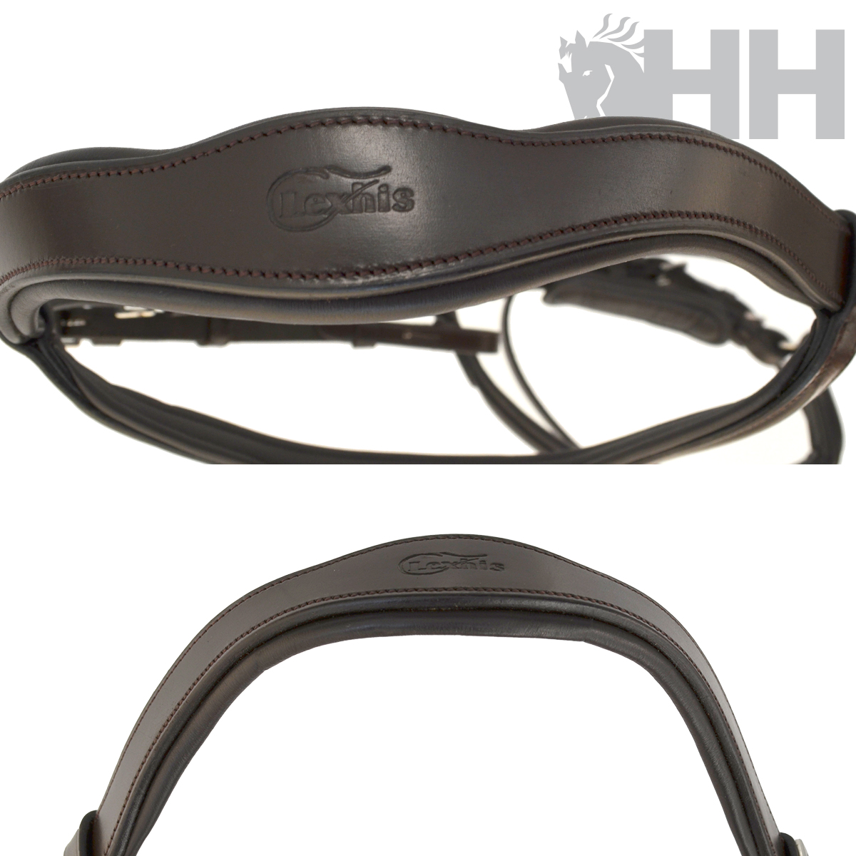 Peitoral de couro castanho escuro gravado 'Comisoa' com logotipo de cavalo cinzento