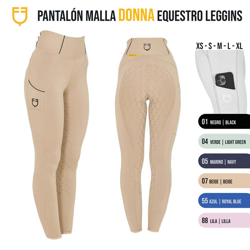 Leggings de equitação femininas bege com padrão e símbolos, texto e paleta de cores visíveis
