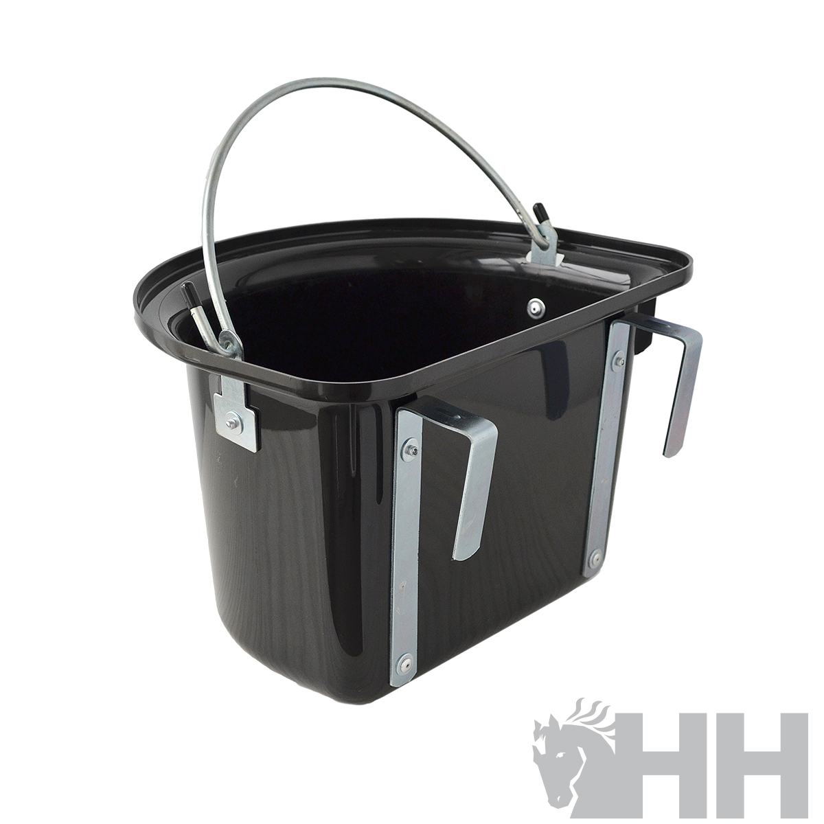 Balde preto de plástico com alça metálica e presilhas laterais