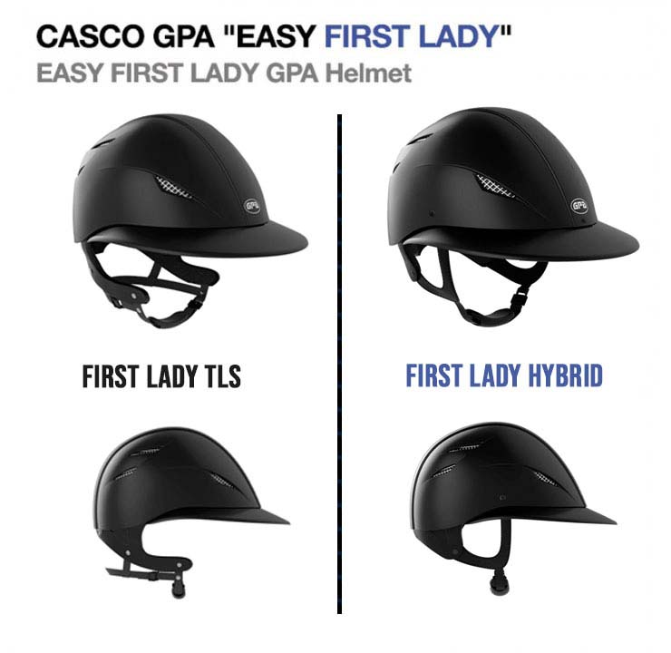 Quatro capacetes pretos Casual GPA Easy First Lady para equitação em diferentes modelos e legendas.