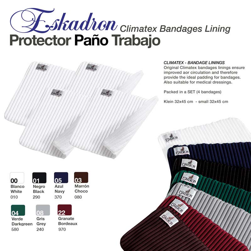 Bandagens protectoras da Eskadron para trabalho, tecido listrado em várias cores, com etiquetas Eskadron e dimensões 32x45 cm.