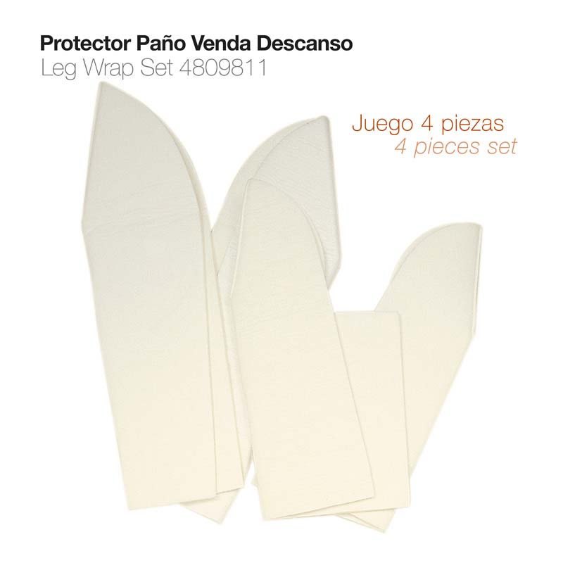 Conjunto de 4 peças creme para proteção de pernas com texto em espanhol e inglês