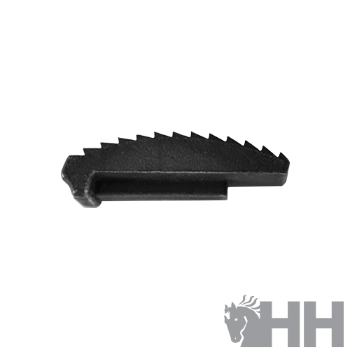 Peça mecânica preta dentada sobre fundo branco com logotipo HH cinzento