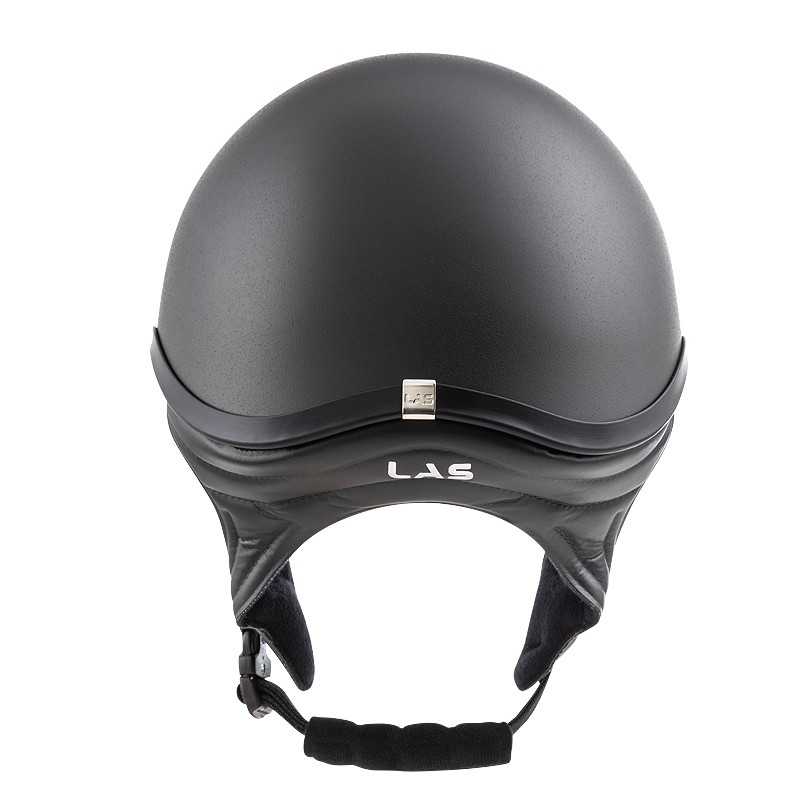 Capacete preto fosco com alça acolchoada preta e texto LAS em branco