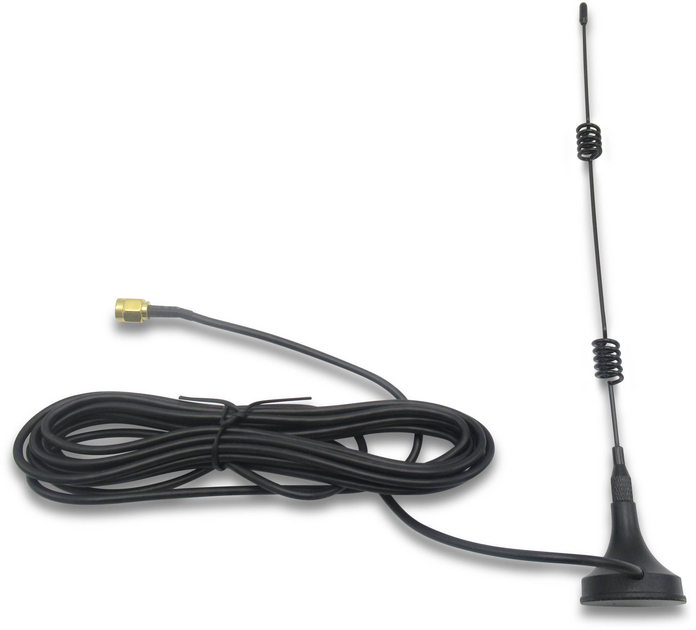 Antena preta com cabo longo e conector dourado