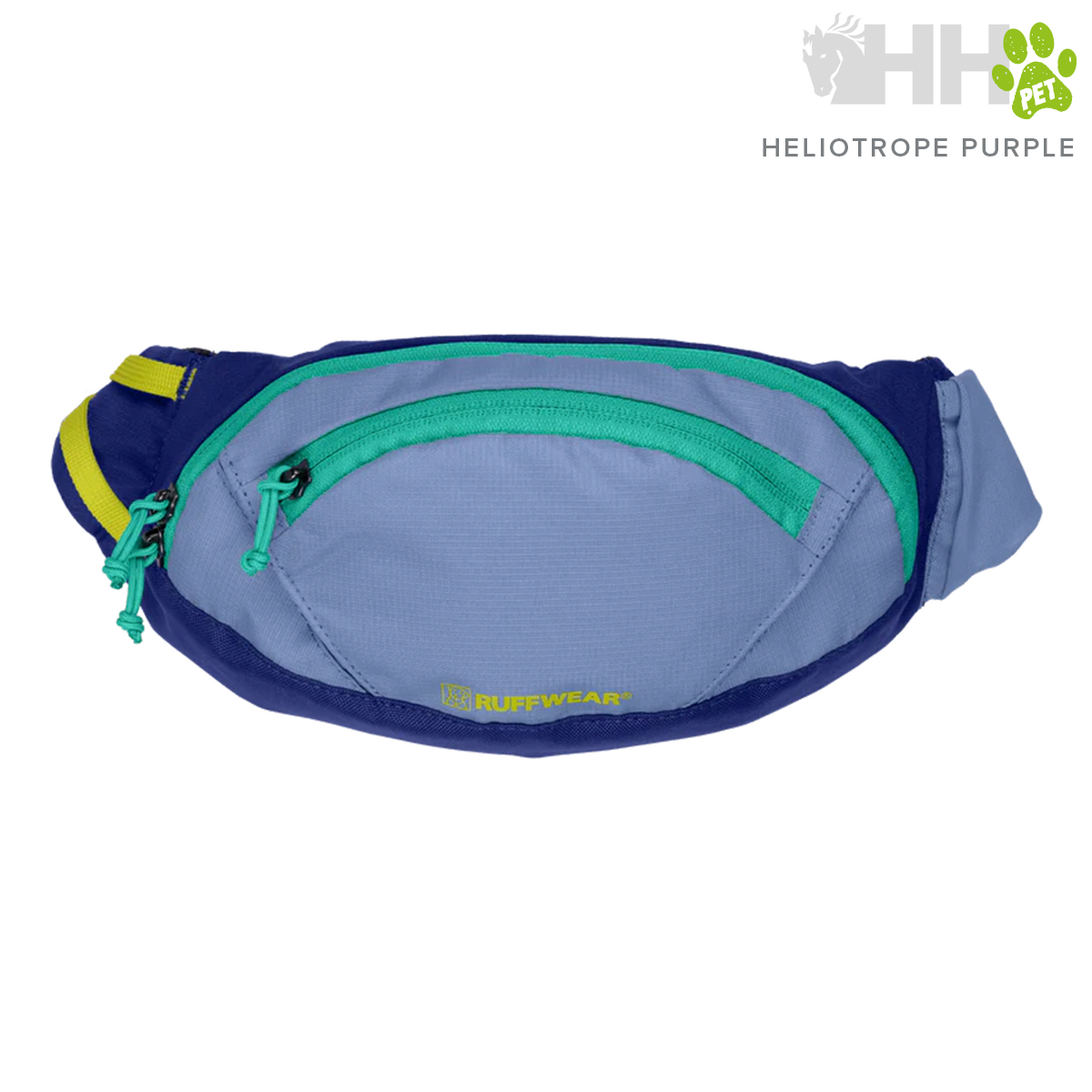 Bolsa de cintura azul com fechos verdes e alças ajustáveis amarelas