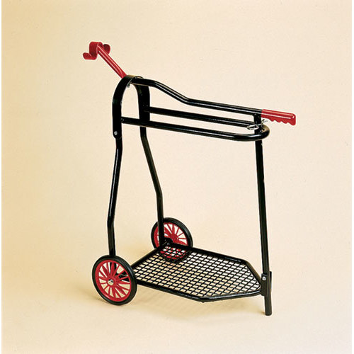 Carrinho metálico preto com rodas e pegas vermelhas