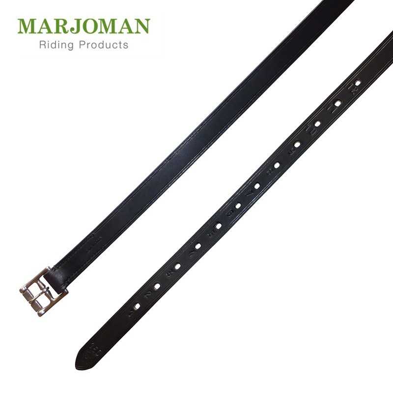 Cinto preto em couro com fivela metálica prateada e texto MARJOMAN Riding Products